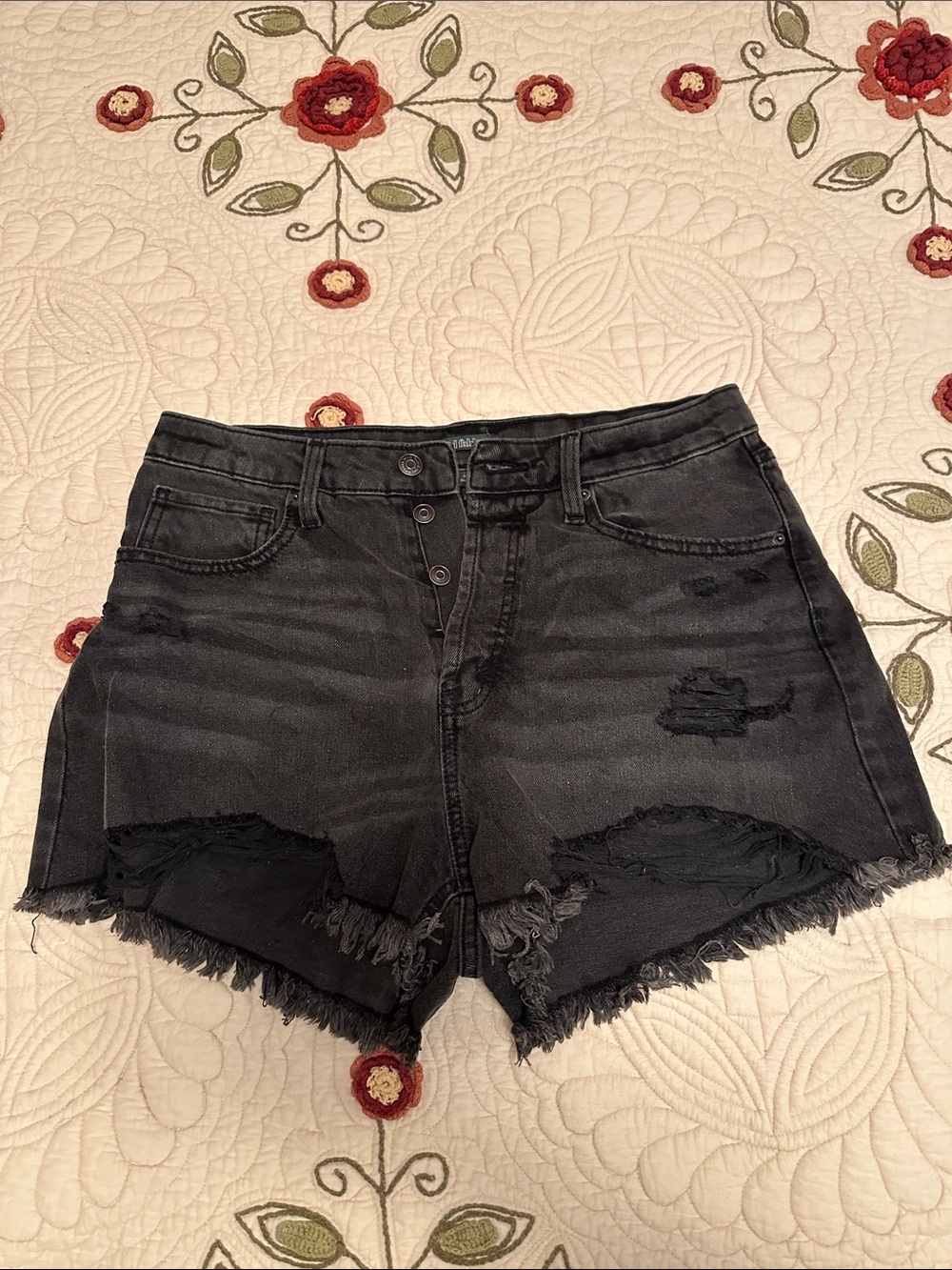 High-Rise Black Distressed Denim Shorts
